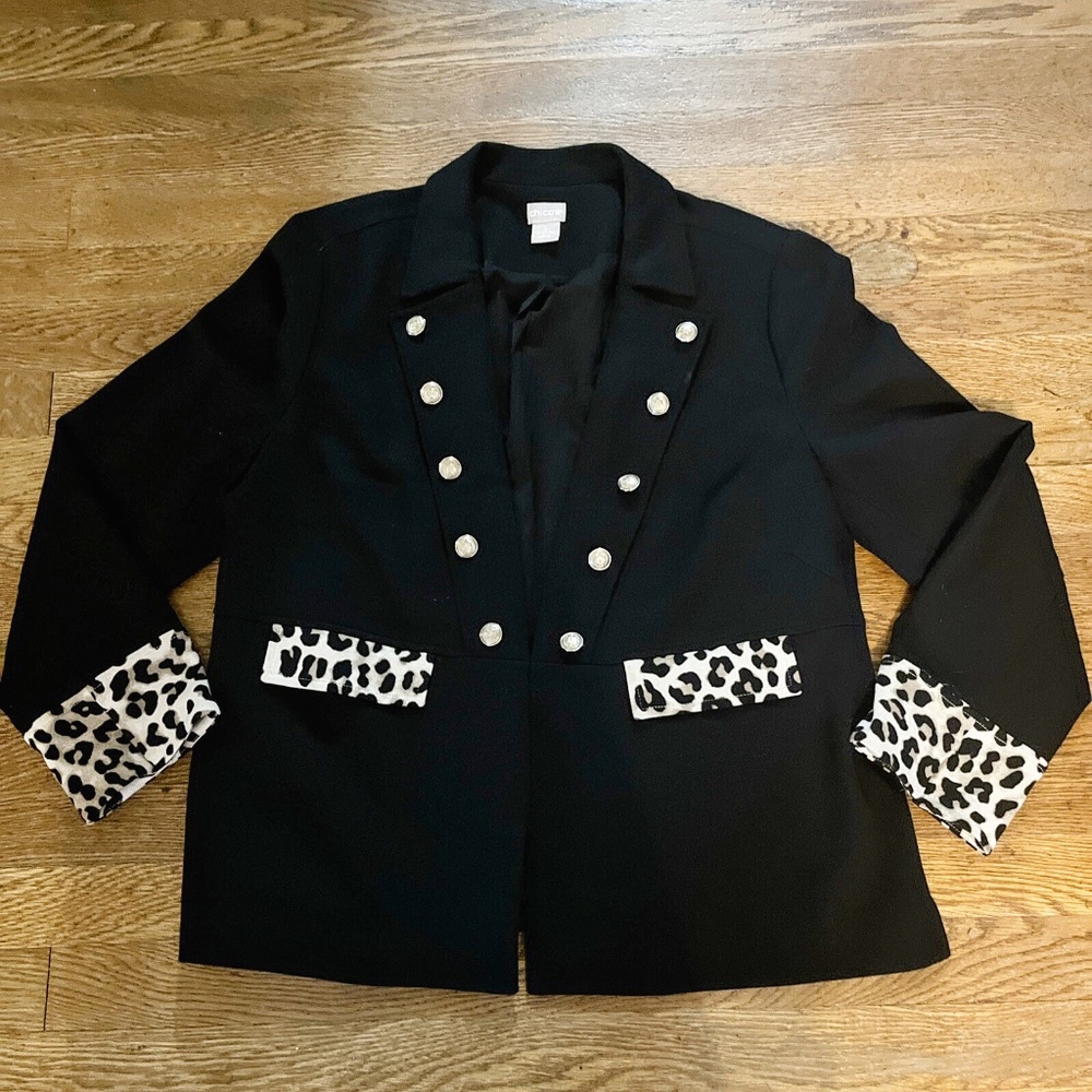Chico's Blazer Jacket - Black - Cheetah Animal Print  Size 2 (12)